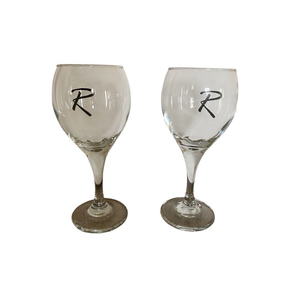 Lot of 2 R Initial Etched Wine Glasses Clear Glass Kitchenware Kitchen Dining We